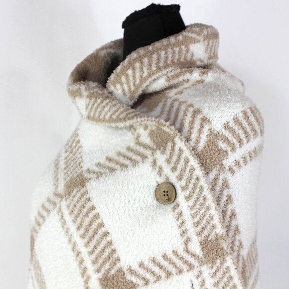 Barefoot Dreams Cozychic Wearable Blanket Ivory Tan Plaid Shawl Collar Wrap OS - Picture 3 of 7